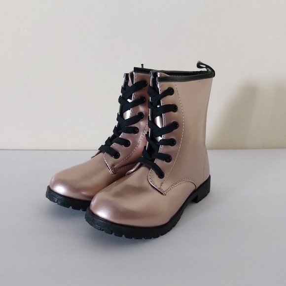 Girls Rose Gold Faux Leather Mid-Calf Lace Up NWT Combat Boots Lug Sole 13 - Picture 4 of 11